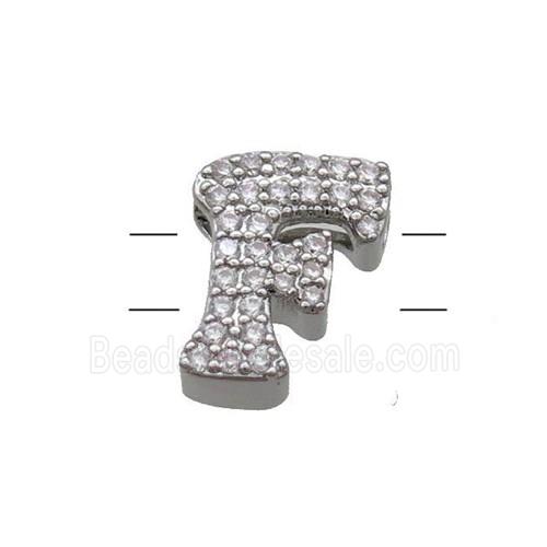 Copper Letter-F Beads Pave Zirconia 2holes Platinum Plated