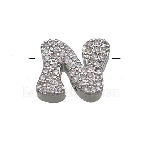 Copper Letter-N Beads Pave Zirconia 2holes Platinum Plated