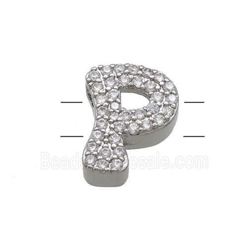 Copper Letter-P Beads Pave Zirconia 2holes Platinum Plated