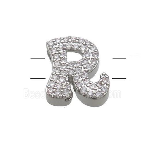 Copper Letter-R Beads Pave Zirconia 2holes Platinum Plated
