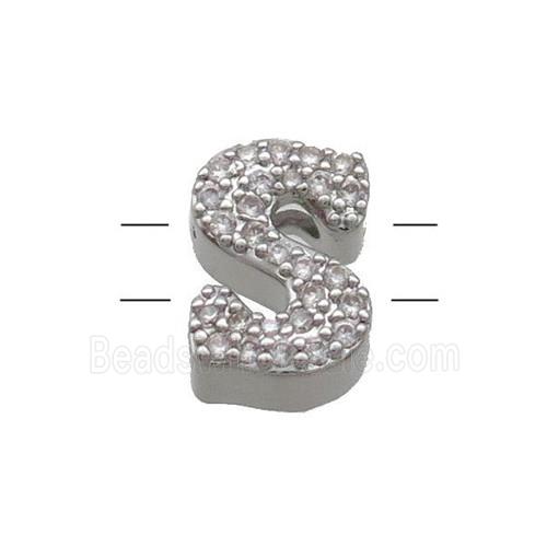 Copper Letter-S Beads Pave Zirconia 2holes Platinum Plated