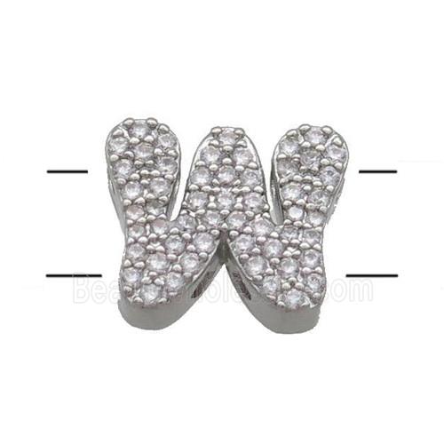 Copper Letter-W Beads Pave Zirconia 2holes Platinum Plated