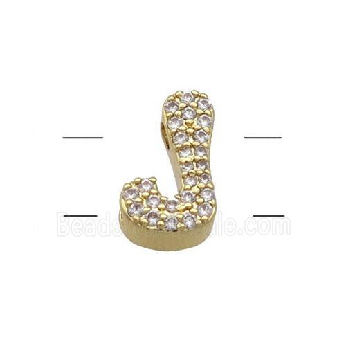 Copper Letter-J Beads Pave Zirconia 2holes Gold Plated