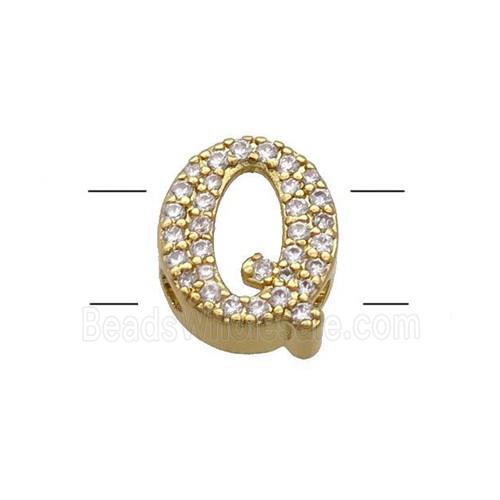Copper Letter-Q Beads Pave Zirconia 2holes Gold Plated