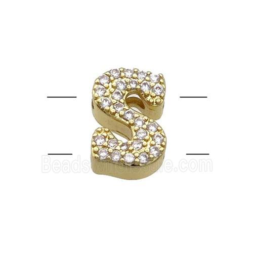 Copper Letter-S Beads Pave Zirconia 2holes Gold Plated