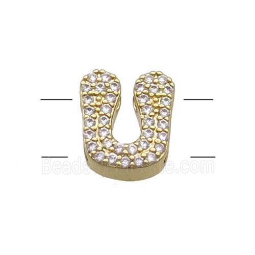 Copper Letter-U Beads Pave Zirconia 2holes Gold Plated