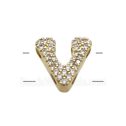 Copper Letter-V Beads Pave Zirconia 2holes Gold Plated