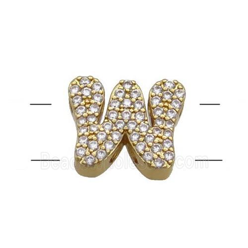 Copper Letter-W Beads Pave Zirconia 2holes Gold Plated
