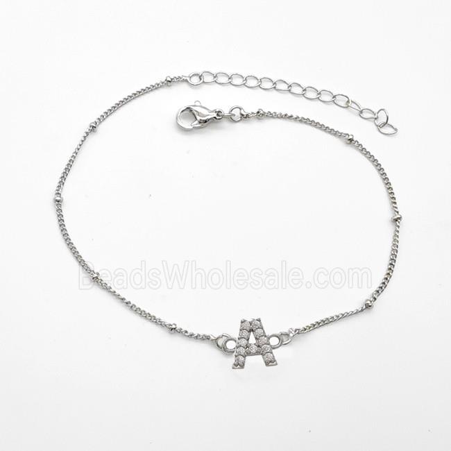 Copper Bracelet With Letter-A Pave Zirconia Platinum Plated
