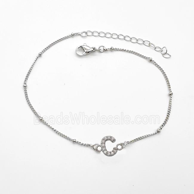 Copper Bracelet With Letter-C Pave Zirconia Platinum Plated