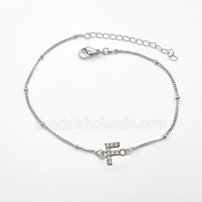 Copper Bracelet With Letter-F Pave Zirconia Platinum Plated
