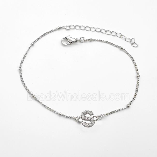 Copper Bracelet With Letter-S Pave Zirconia Platinum Plated