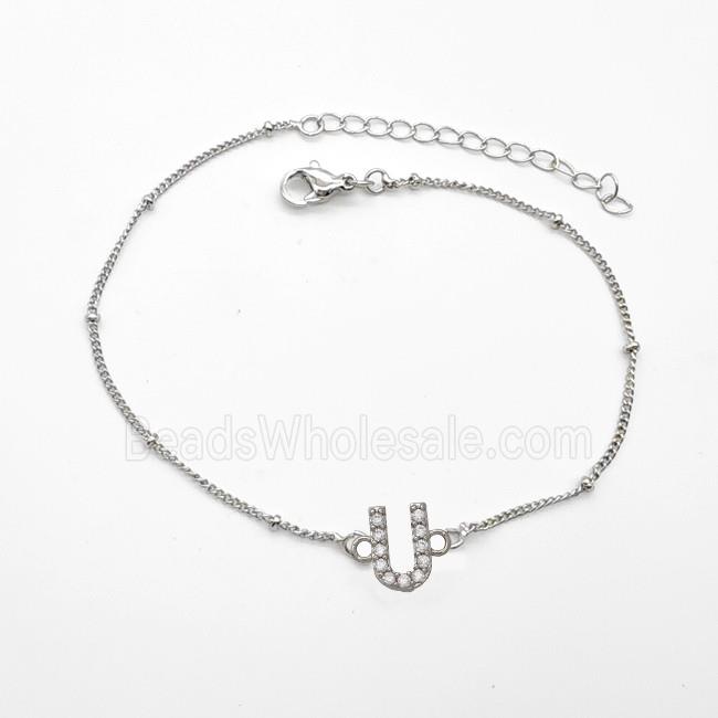 Copper Bracelet With Letter-U Pave Zirconia Platinum Plated