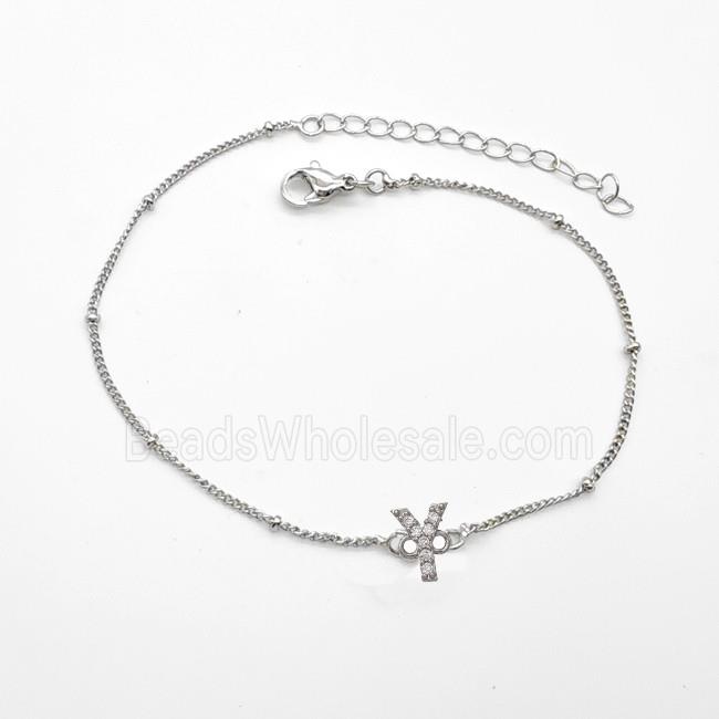 Copper Bracelet With Letter-Y Pave Zirconia Platinum Plated