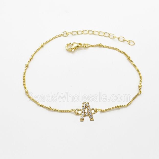 Copper Bracelet With Letter-A Pave Zirconia Gold Plated