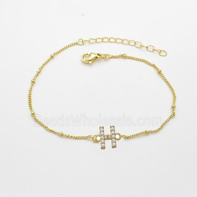 Copper Bracelet With Letter-H Pave Zirconia Gold Plated
