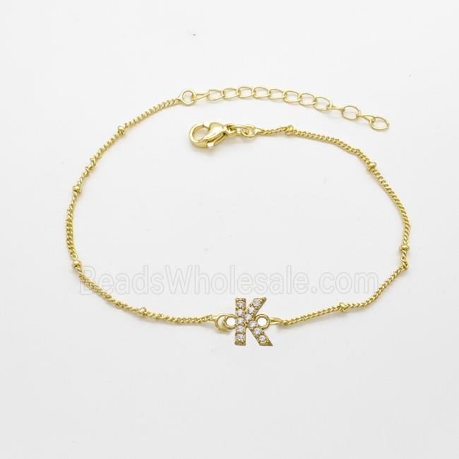 Copper Bracelet With Letter-K Pave Zirconia Gold Plated