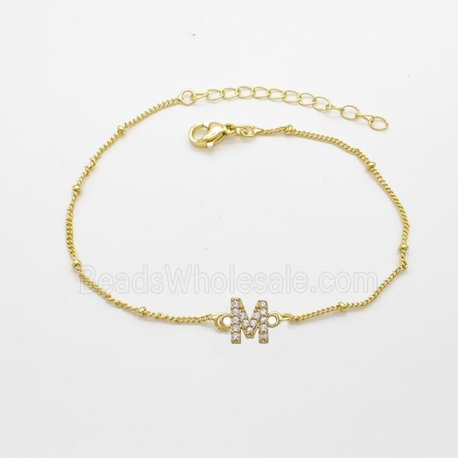 Copper Bracelet With Letter-M Pave Zirconia Gold Plated