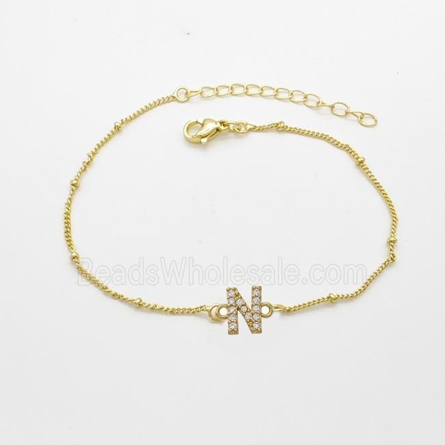 Copper Bracelet With Letter-N Pave Zirconia Gold Plated