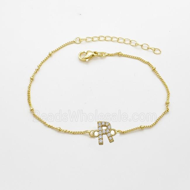 Copper Bracelet With Letter-R Pave Zirconia Gold Plated