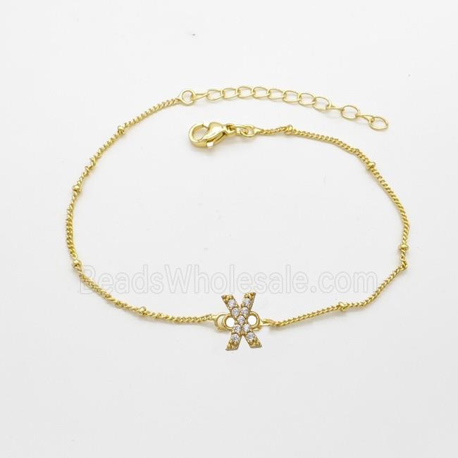 Copper Bracelet With Letter-X Pave Zirconia Gold Plated