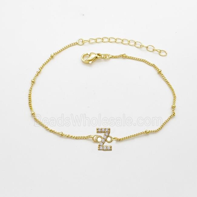 Copper Bracelet With Letter-Z Pave Zirconia Gold Plated