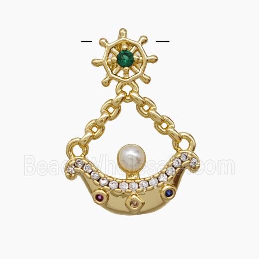 Copper Ship And Wheel Pendant Pave Zirconia Resin Gold Plated