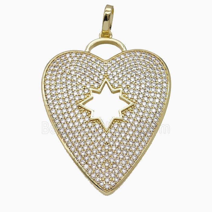 Copper Heart Pendant Micropave Zirconia Star Gold Plated