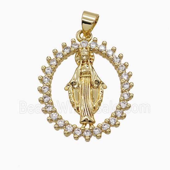 Copper Virgin Mary Pendant Pave Zirconia 18K Gold Plated