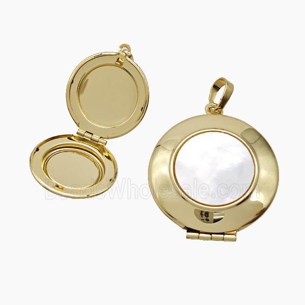 Copper Circle Locket Pendant Pave Shell 18K Gold Plated