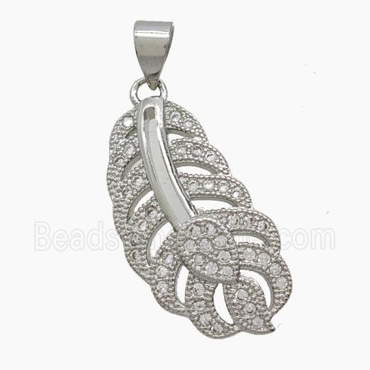 Copper Feather Pendant Pave Zirconia Platinum Plated