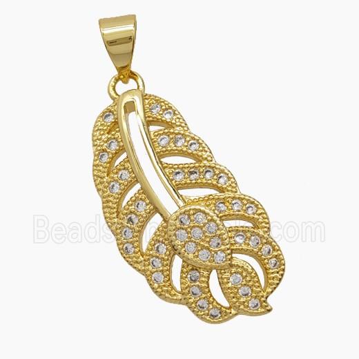 Copper Feather Pendant Pave Zirconia 18K Gold Plated