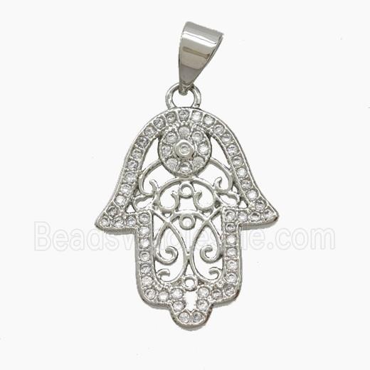 Copper Hamsahand Pendant Pave Zirconia Platinum Plated
