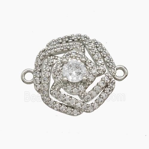 Copper Rose Flower Connector Pave Zirconia Platinum Plated