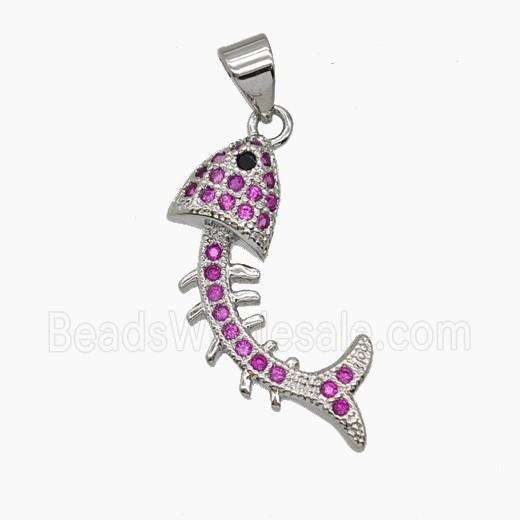 Copper Fishbone Pendant Pave Zirconia Platinum Plated