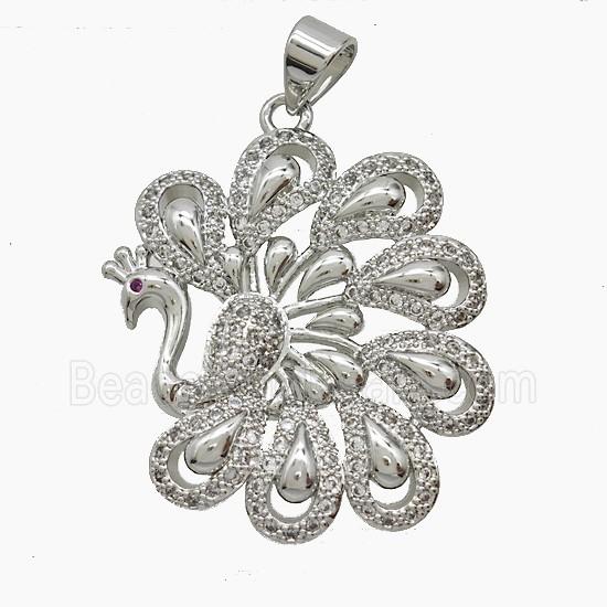 Copper Peacock Pendant Pave Zirconia Platinum Plated