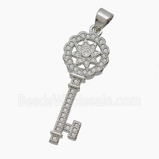 Copper Key Pendant Pave Zirconia Platinum Plated