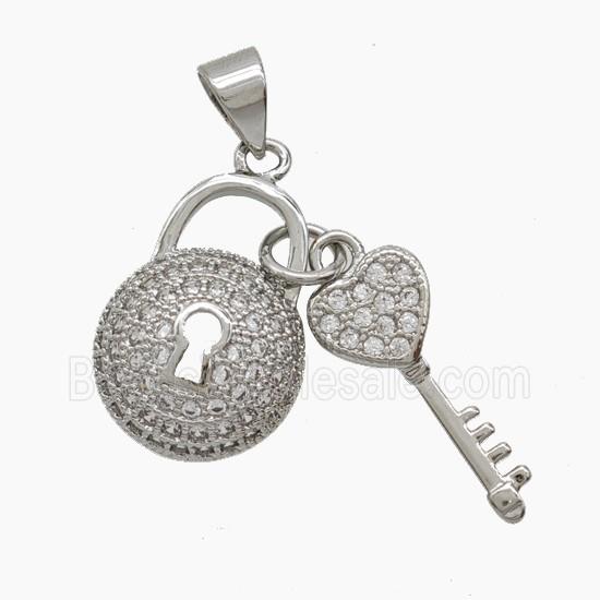 Copper Key Lock Pendant Pave Zirconia Platinum Plated