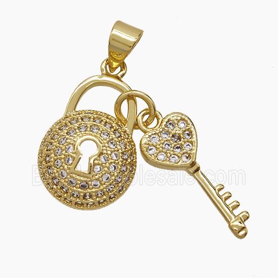Copper Key Lock Pendant Pave Zirconia 18K Gold Plated