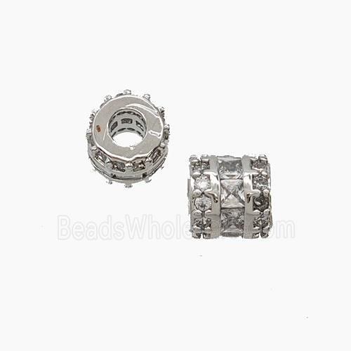 Copper Tube Beads Pave Zirconia Large Hole Platinum Plated