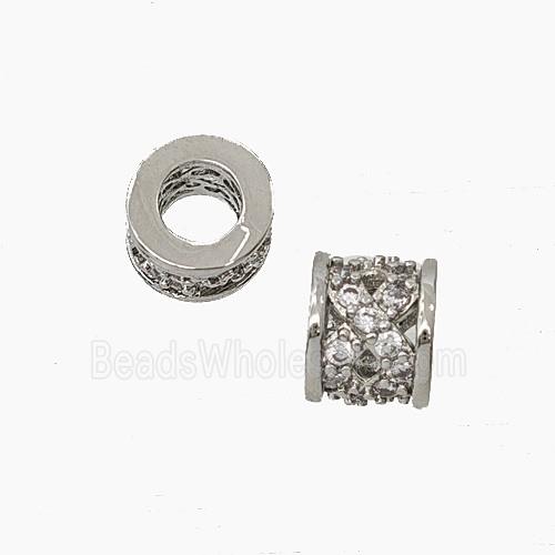 Copper Tube Beads Pave Zirconia Large Hole Platinum Plated