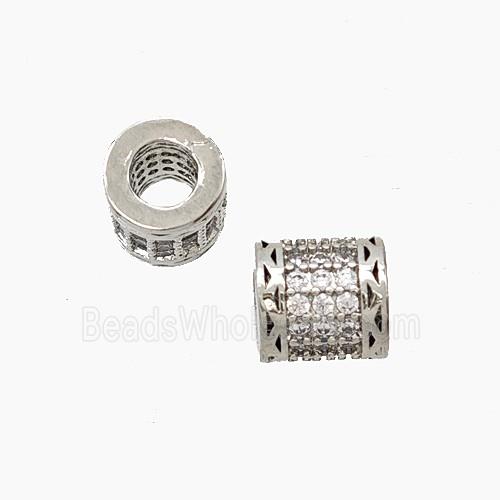 Copper Tube Beads Pave Zirconia Large Hole Platinum Plated