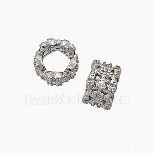 Copper Tube Beads Pave Zirconia Large Hole Platinum Plated