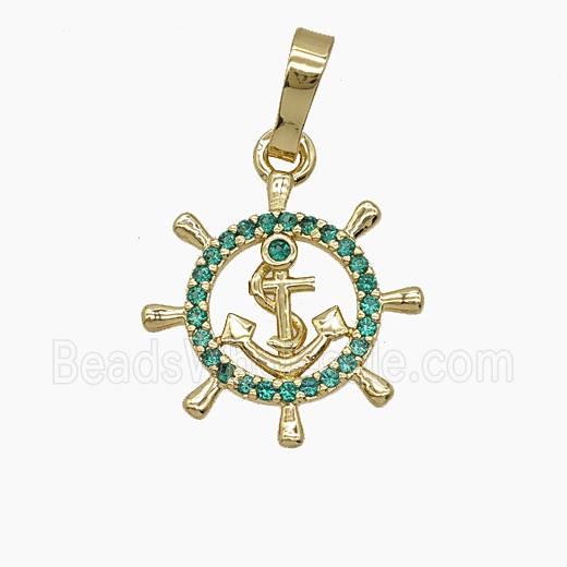 Copper Anchor And Shipwheel Pendant Pave Zirconia Gold Plated