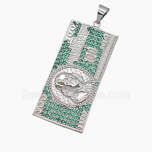 US Dollar Charms Copper Pendant Pave Green Zirconia Platinum Plated