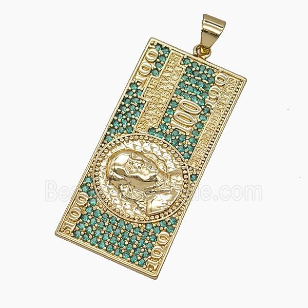 US Dollar Charms Copper Pendant Pave Green Zirconia Gold Plated