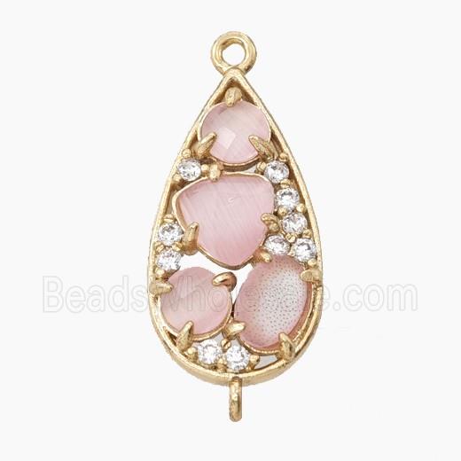Copper Teardrop Connector Pave Pink Cateye Crystal Gold Plated