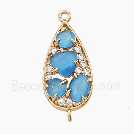Copper Teardrop Connector Pave Blue Cateye Crystal Gold Plated
