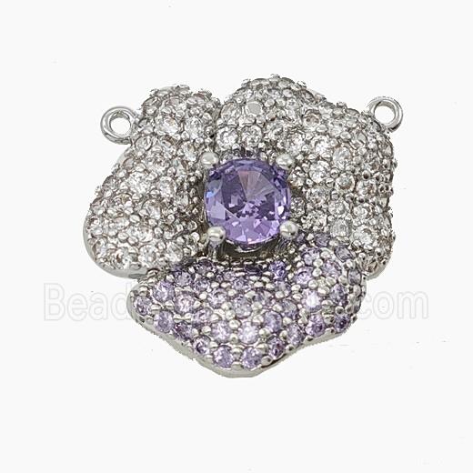Copper Flower Pendant Micropave Zirconia 2loops Platinum Plated