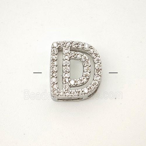 Copper Letter-D Beads Pave Zirconia Platinum Plated